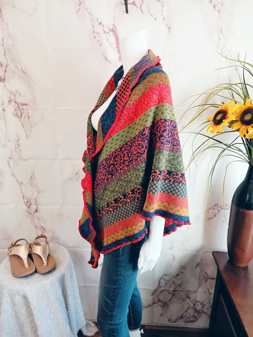 Invero Merino Wool Shawl Wrap One Size German Knit Colorful Boho - Picture 5 of 7